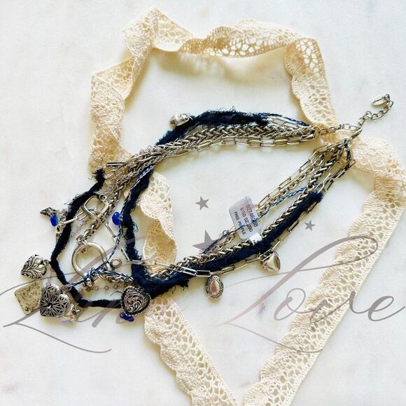 FREE PEOPLE Maggie May Layered Necklace In Silver & Blue NWT - Picture 2 of 5